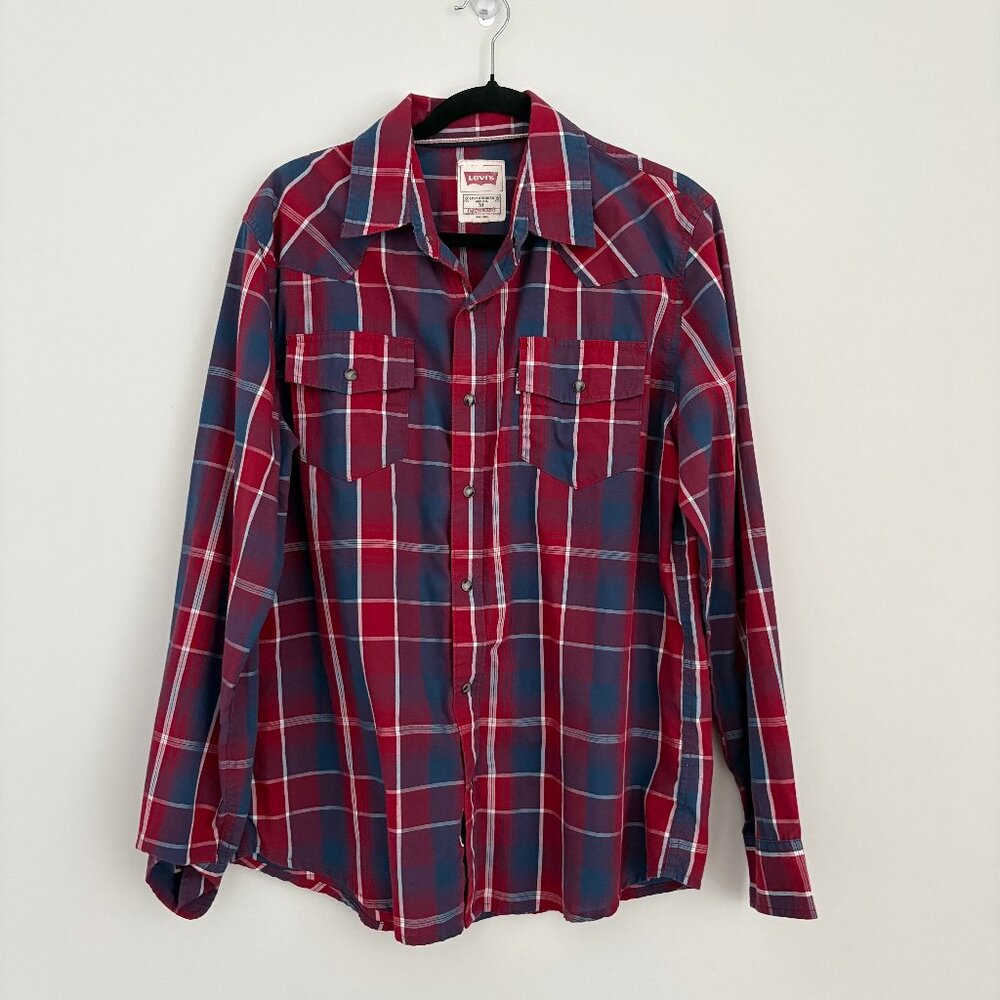 LEVI'S Western Shirt Pearl Snap Rockabilly Cowboy Soul Plaid Ranch Modern Fit M